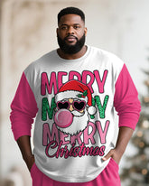 Big & Tall Men's Merry Christmas Cartoon Pink Printed Long Sleeve T-Shirt Pants Set